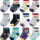 CozyWay Baby & Toddler Socks With Grippers Non Slip Crew Grip Socks for Girls and Boys Soft Comfy Cotton - 12 Pack (3-5T, Black / Yellow Multicolor Error)
