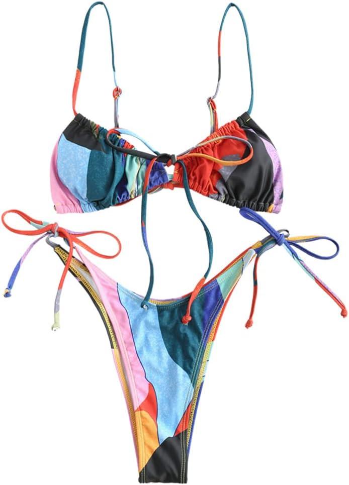 ZAFUL Womens High Cut Thong Bikini Set Swimsuits Cami String Sexy Bathing Suit, M