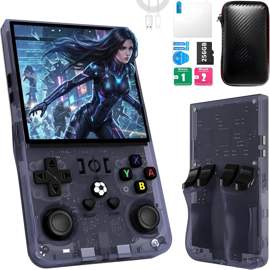 R36MAX Handheld Game Console, 40000+ Games Retro Gaming Console, 256GB TF Card Mini Retro Video Console, 4000mAh Rechargeable 4.0" IPS HD Screen Portable Pocket Arcade (Transparent Grey)