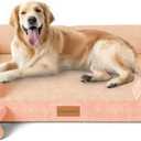 CWAWZ Extra Large Dog Bed, Orthopedic Dog Bed with Cooling Gel Memory Foam, Waterproof XL Pet Bed with Removable Washable Cover, 42" Pet Sofa Couch Dutch Velvet with Bone Toy, Peach Pink