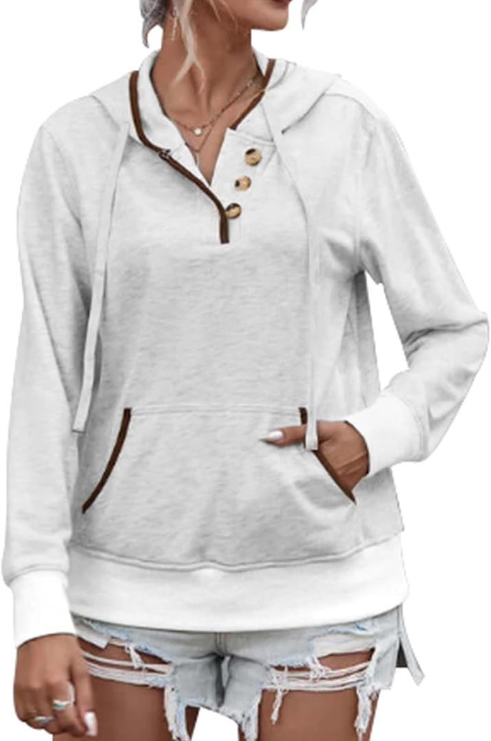 Half Hidden Women's Hoodies Fall Fashion Outfits Casual Long Sleeve Hooded Sweatshirt Button Collar Fall Drawstring Sweatshirt Pullover White Large