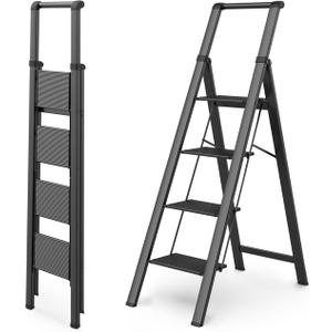 WOA WOA 4 Step Ladder, Ladders for Home, Anti-Slip Aluminum Pedals, Step Stool Foldable, Lightweight to Move, Ease of Storage, Reach 9ft for Closet Kitchen Library, Hold 300lbs - Black