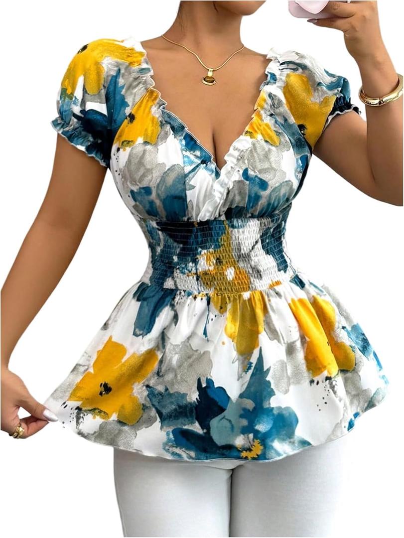 SOLY HUX Women's Floral Blouse V Neck Puff Sleeve Shirred Peplum Ruffle Hem Summer Tops (S)