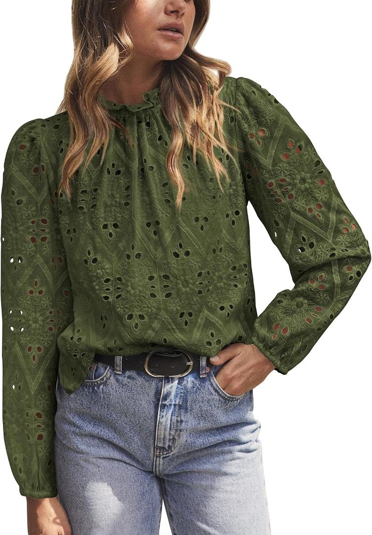 PRETTYGARDEN Tops for Women 2026 Spring Long Sleeve Blouses Dressy Casual Embroidered Eyelet Shirts Fall Going Out Outfits (XXL)