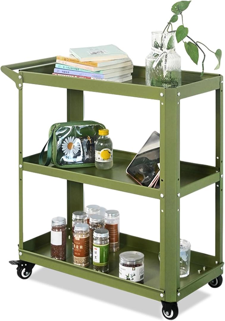 XCX 3 Tier Metal Utility Rolling Cart with Wheels, Green, 13.6"D x 27.5"W x 31.5"H