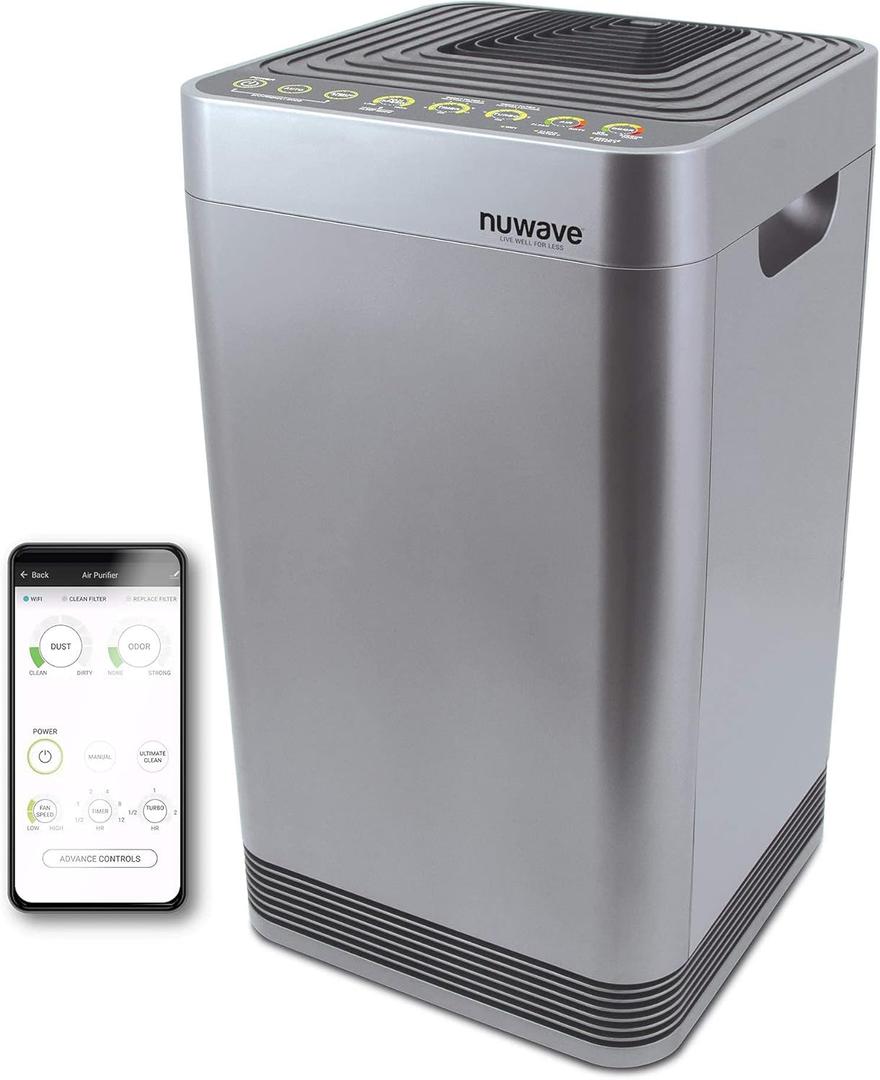 Nuwave Smart Air Purifier for Home Large Room up to 2, 934 Sq. Ft., Auto Function Monitors Air Quality & Adjusts 6 Fan Speeds 5-Stage Filtration System Includes 8 Additional HEPA & Carbon Combo Filters,   47010 