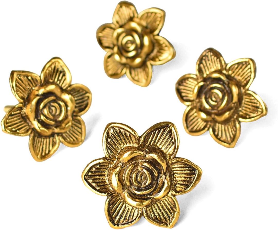 Brass Flower Cabinet Drawer Knobs Vintage Gold Flower Knobs for Dresser Door Cupboard Door Handle Pulls - Set of 4