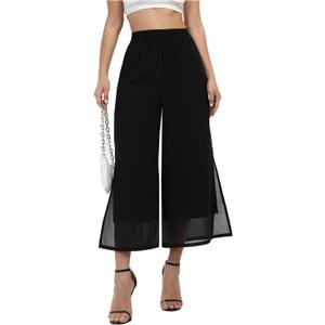 Women's Summer Capris Wide Leg Palazzo Pants Dressy Casual Split Chiffon Trousers (Black, M)