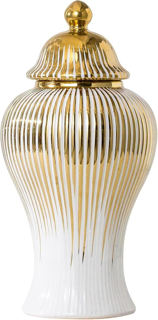 Ginger Jar, Decorative Porcelain Ginger jar with lid, White Gold Ceramic Vase for Decor Decor, Kitchen, Bookshelf Decor, Storage jar, Table Center Vase(12in)