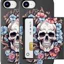 Compatible for iPhone 16e & 17e Case with Card Holder Cute - Kawaii Design Military-Grade Drop Protection Rugged Wallet Cases for Women (Black Skull Floral)