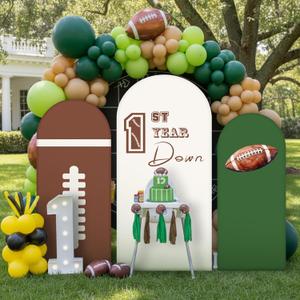 Chunful 3 Pcs 1st Year Down Birthday Arch Backdrop Cover 2-Sided Round Top First Year Down Football Backdrop Arch Cover Decor for Baby Shower Birthday Party Favors 6 Ft/5 Ft/4 Ft (Brown-Green-White)