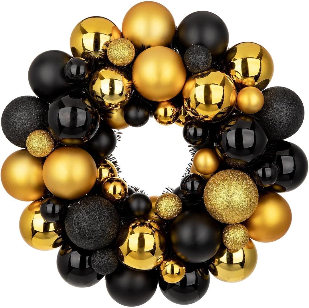 Christmas Ball Wreath for Front Door 13" Xmas Wreaths Ornaments Glitter Thicken Shatterproof Garland Decoration for Christmas Door Wall Mantel Holiday Party Decor, Gold & Black