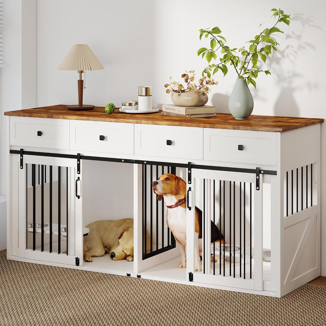 Real Relax 71" Double Dog Crate Furniture, Large Wooden Dog Kennel Furniture with 2 Drawers, Divider and Sliding Door, Indoor Dog House TV Stand for Medium Small Dogs, White