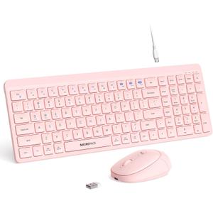 Pink Wireless Keyboard and Mouse Combo for Desktop Mac iPad Bluetooth 2.4 Ghz Rechargeable Slim Silent Click with Number Pad Compatible with Pc, Laptop, Tablet (Pink)
