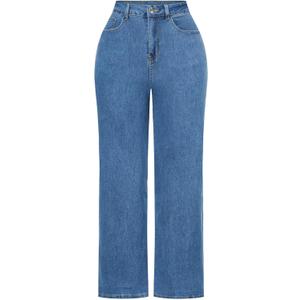 THUNDER STAR Womens High Waisted Wide Leg Jeans Stretchy Distressed Denim Pants, 12, M Blue