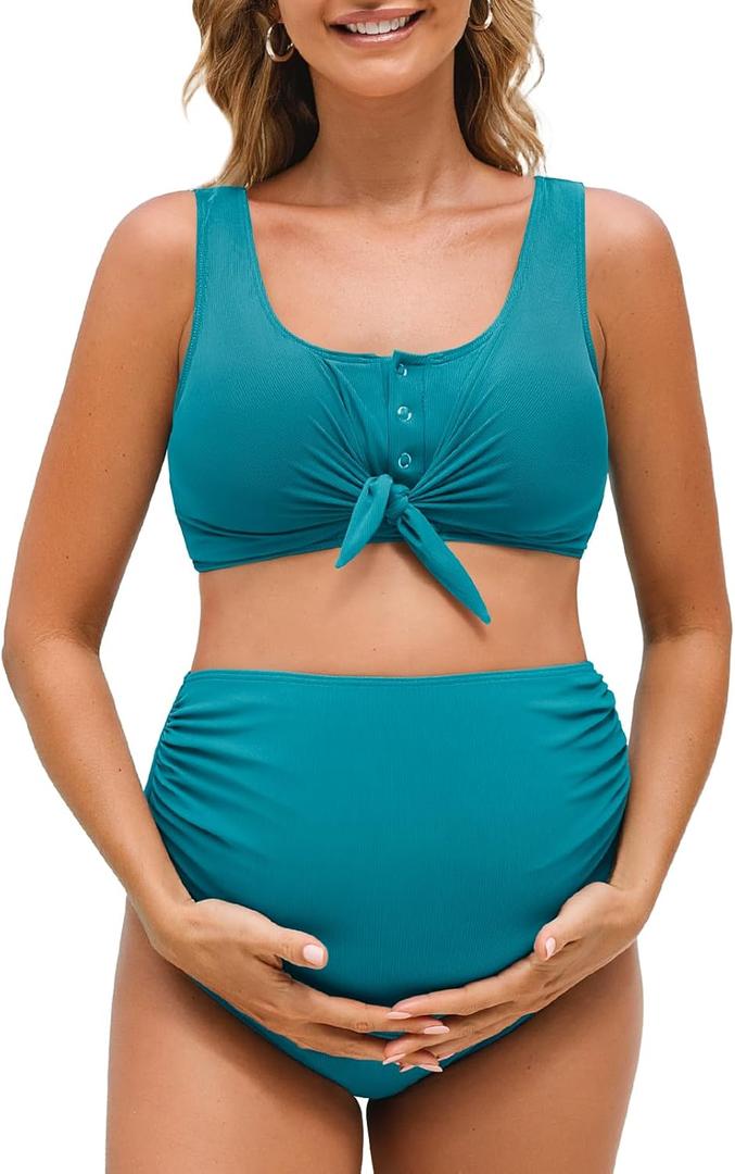 Summer Mae Maternity Ribbed Two-Piece Swimsuit Front Knot Crop Top Bikini High Waisted Pregnancy Bathing Suit (Medium, Lagoon)