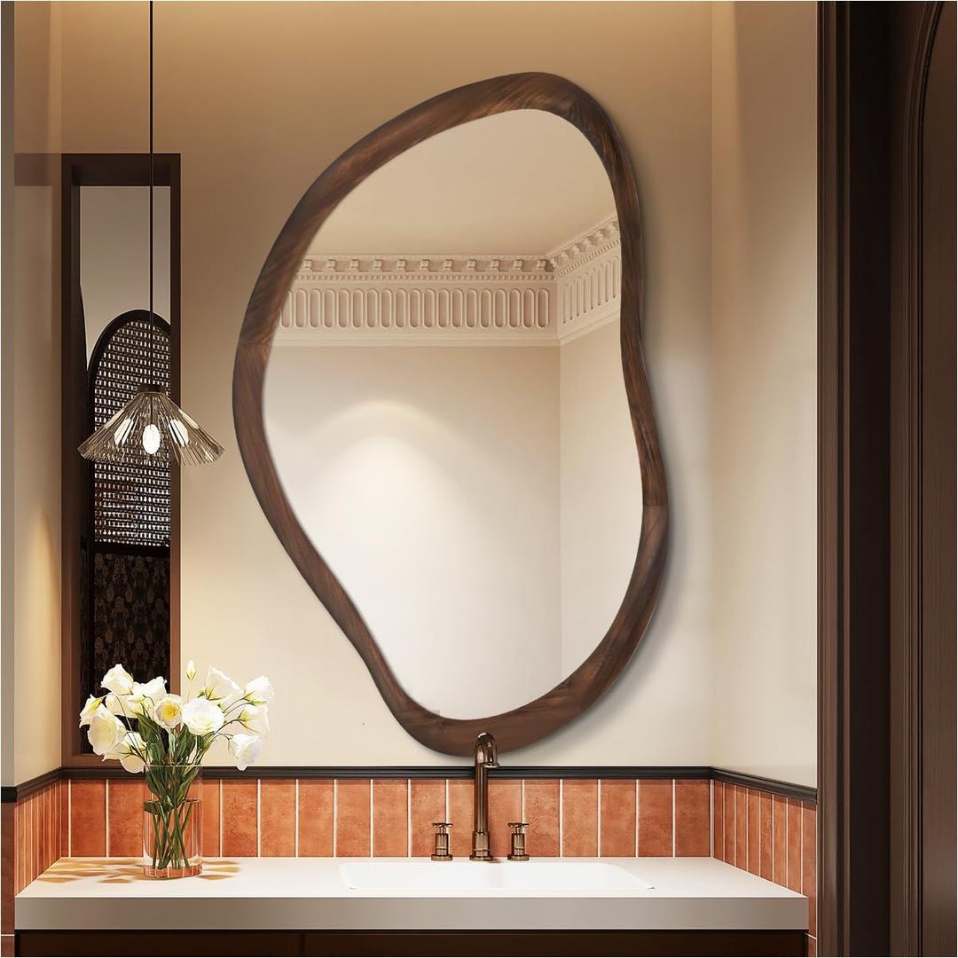 24" x 36" Dark Walnut-Colored Asymmetrical Wood Bathroom Mirror, Irregular Wall Mirror, Farmhouse Vanity Mirror for Bedroom, Living Room, Entryway, Rustproof, Shatterproof, Horizontal/Vertical