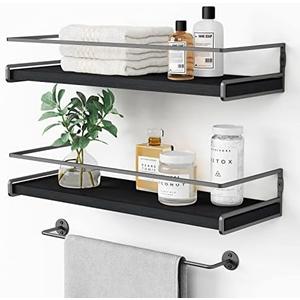 Forbena Black Floating Shelves for Bathroom Wall Set of 2, Kitchen Spice Rack Wall Mount, Modern Wood Hanging Wall Shelves for Bedroom Organizer, Restroom Pantry Closet Storage (Grey-Black)