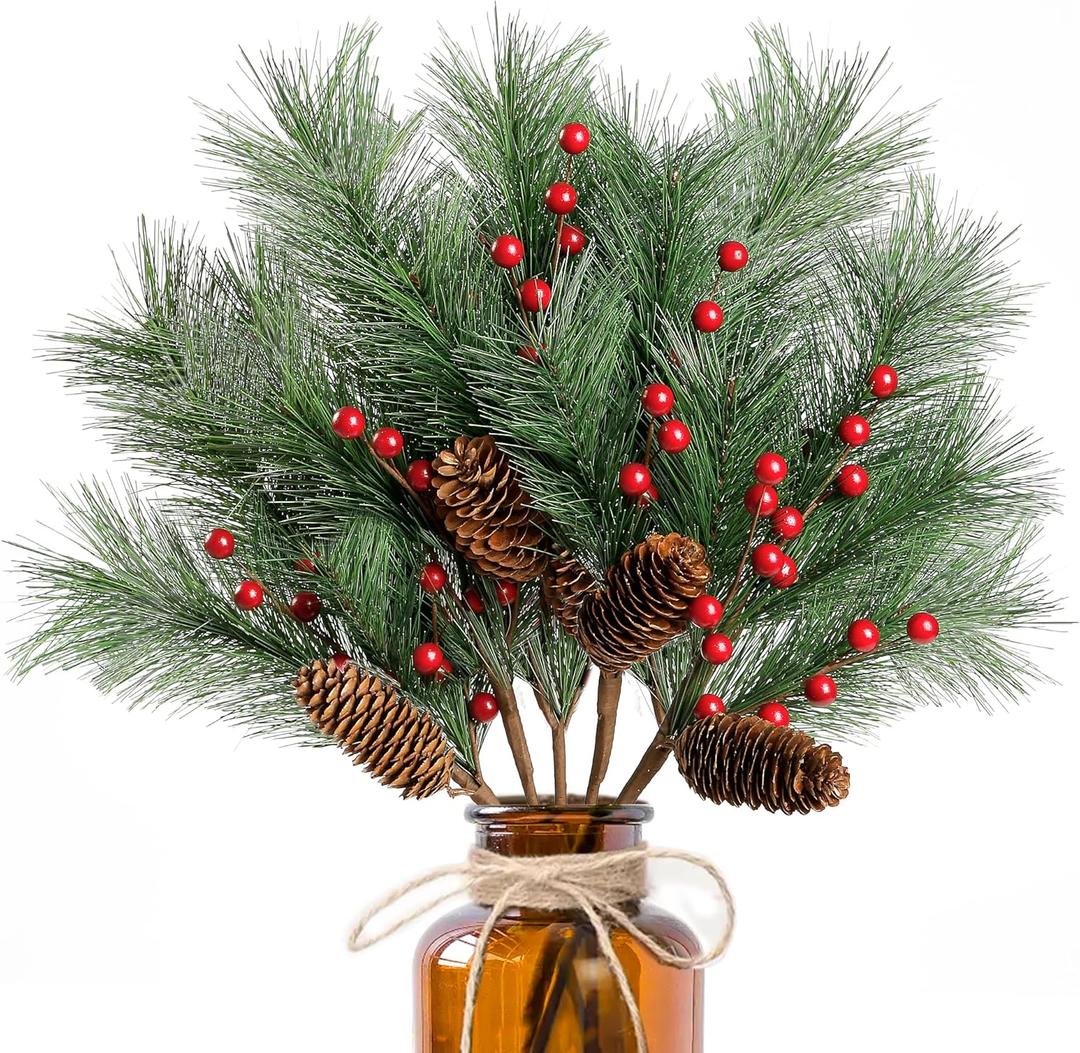 Sggvecsy 5 Pack Christmas Berries Pine Picks Artificial Red Berry Pine Branches Long Faux Pine Stem with Pinecones for Xmas Tree Wreath DIY Craft Floral Arrangement Holiday Season Decor