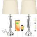 Seealle Beige Lamps for Bedrooms Set of 2 - Touch Control Bedside Lamp with USB C+A, 3 Way Dimmable Nightstand Lamps with USB Port, Table Lamp for Living Room(Beige Shade and Nickel Base)