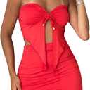 SOLY HUX Women's 2 Piece Outfits Ruched Split Asymmetrical Strapless Bandeau Tube Tops and Bodycon Mini Skirt Set (Medium)