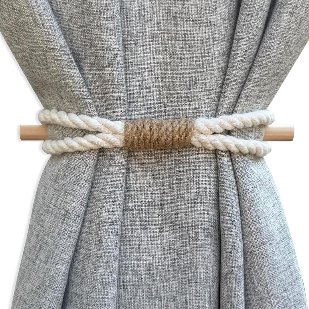 Curtain Holdbacks Boho Tiebacks for Drapes, Farmhouse Jute Rope Cotton Tie Backs with Rustic Wood Club, Curtain Accessories Holders for Indoor Outdoor Use, Set of 4 (Curtain Rope|white Cotton)