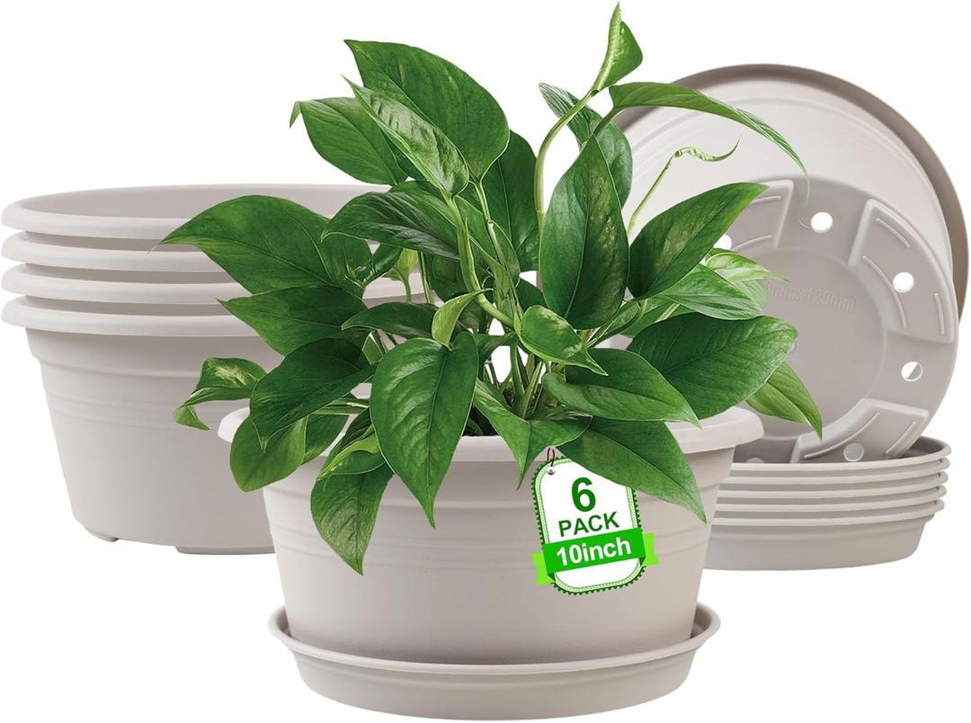 6 Pack 10 inch Plant Pot, Outdoor Pots for Plants with Drainage Hole & Tray Saucer, Round Plastic Plant Pot, Decoration Flower Pots for Indoor Plants Home Garden Outdoor Planters (Gray White)