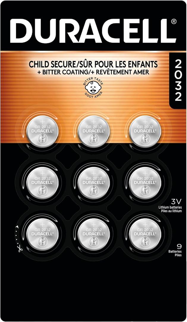 Duracell 2032 Lithium Battery, 9 Count (Pack of 1), Child Safety Features, Compatible with AirTag, Key Fob, Tea Light Candles and Other Devices, CR2032 Battery, 2032 Battery