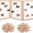 Geelin Photo Display Board with Clip, 3 Panel, Natural Wood, 54 x 24 Inch | Rustic Freestanding Picture Collage Frame, Farmhouse Photo Hanging Display, Christmas Card Display Stand, for Holiday Decor