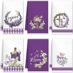 Peryiter 6 Count Easter Kitchen Dish Towel He is Risen Religious Cross Hand Towels 14 x 21 Inch Absorbent Purple Christian Easter Tea Towel for Bathroom Spring Holiday Farmhouse Home Kitchen Decor