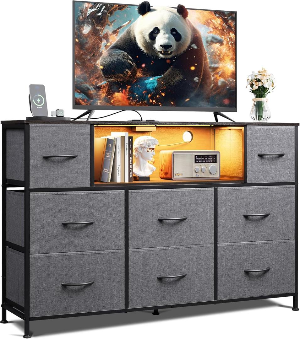 WLIVE Grey Dresser TV Stand for 45, 50, 55 inch TV, Entertainment Center with LED Lights & Charging Station, Chest of Drawers with 8 Fabric Drawers and Open Storage Shelves for Living Room, Hallway (Dark Gray)