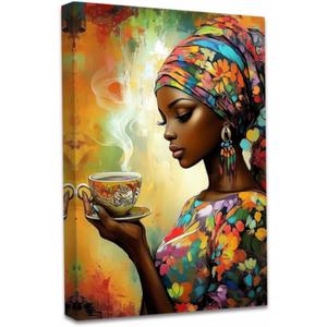 QIXIANG Black Girl Canvas Wall Art African American Picture Wall Decor Black Woman and Coffee Painting Prints Living Room Decor Framed(Brown,24L x 16W)