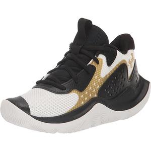 Under Armour Kids' Grade School Jet '23 Basketball Shoe (5 Big Kid, (106) White/Vivid Magenta/Metallic Gold)