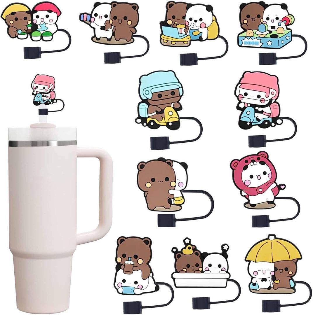 11PCS Couple Bear Straw Cover Caps for Tumblers,PVC Silicone 10mm Dringing Straws Toppers Protector Dust-Proof Reusable Bulk, BPA Free, Eco-Friendly fit for Party Gifts