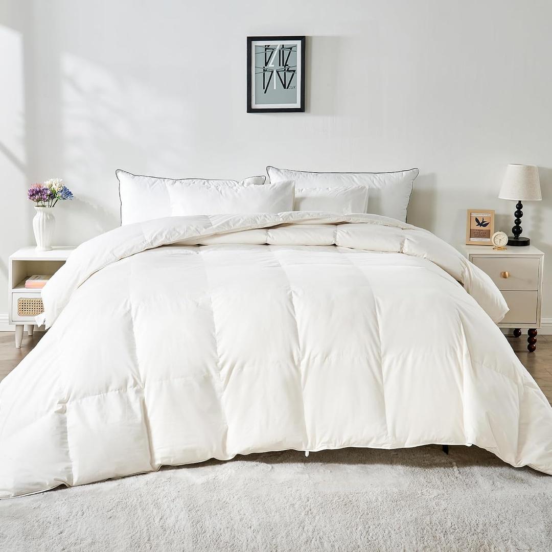 100% Organic Cotton Feather & Down Fibers Comforter Full Size, All-Season Hotel-Style Hypoallergenic Duvet Insert, Ivory White 82x86 Inch