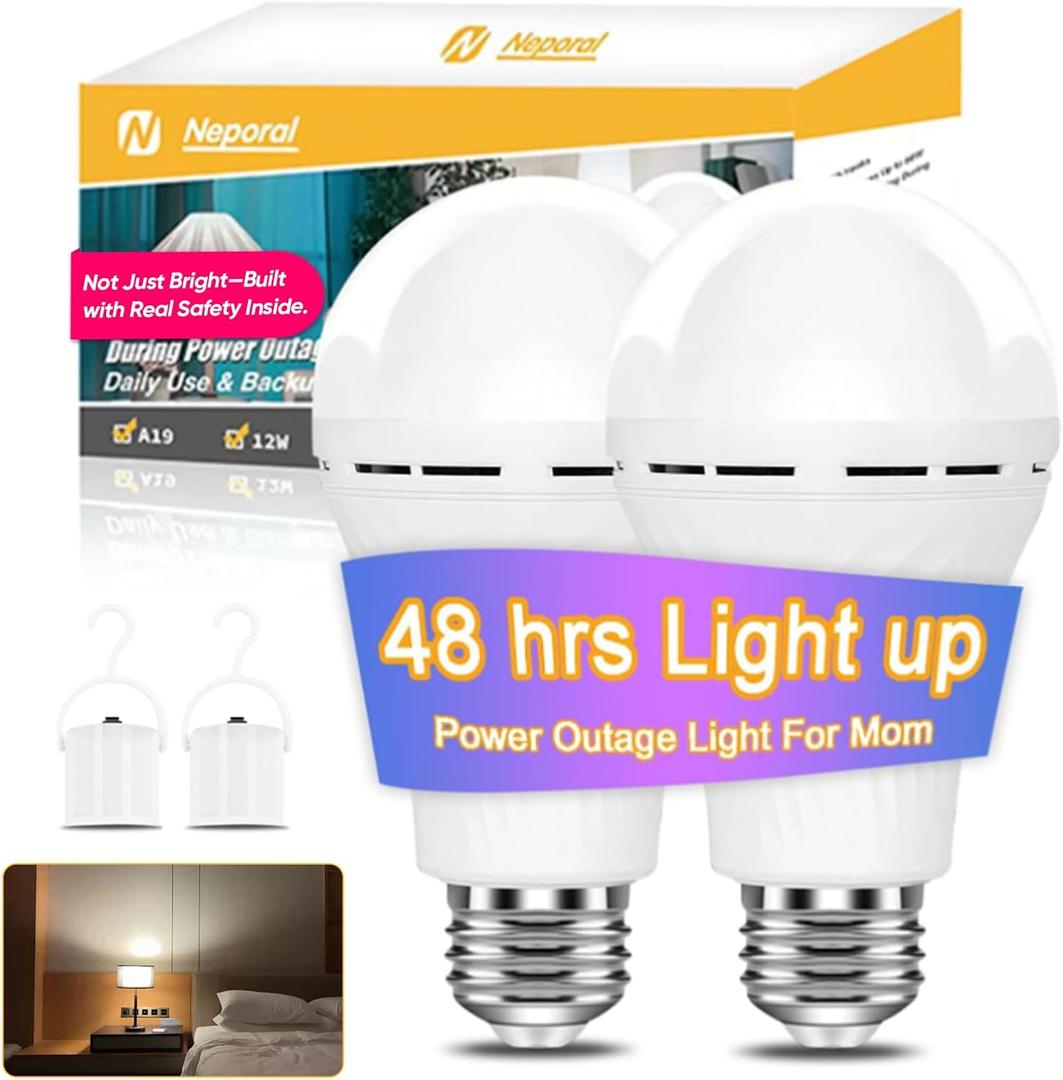 Neporal LITE Emergency Rechargeable Light Bulbs A19, Light Up to 48 hrs, Battery Operated Light Bulb, 5000K E26 LED Bulb, Emergency Lights for Home Power Failure (Daylight-2PK, 12, Watts)
