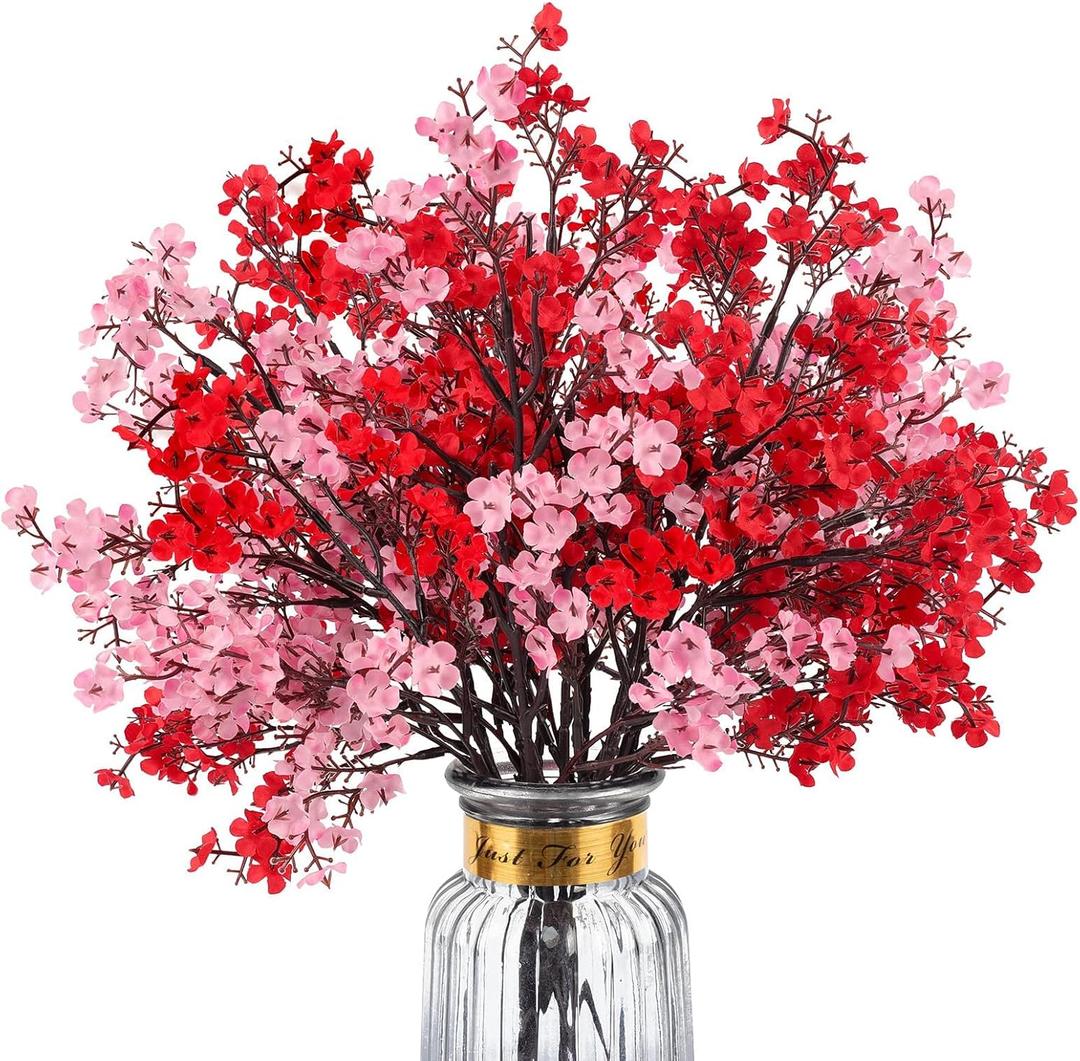 8Pcs Babys Breath Fake Artificial Flowers, Real Touch Red Pink Mix and Match Plants Silk Flowers for Vase Home Office Wedding Indoor Outdoor Centerpiece Table Mother's Day Decoration