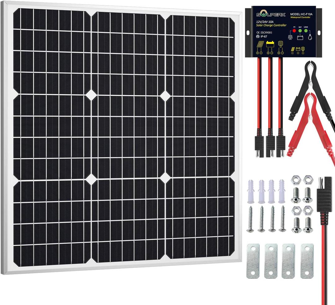 SOLPERK Solar Panel Kit 50W 12V, Waterproof Solar Battery Trickle Charger Maintainer + Waterproof Controller + Adjustable Mount Bracket for Boat Car RV Motorcycle(Without Mounting Bracket)
