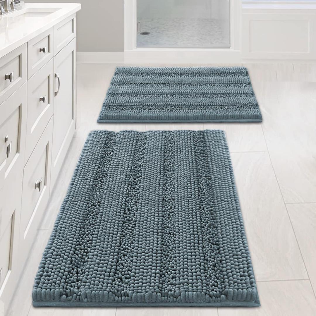 Non Slip Thick Shaggy Chenille Bathroom Rug Mat Set Extra Soft and Absorbent Striped Floor Rugs, 2 Piece, Machine-Washable (Stone Blue)