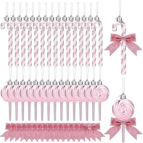 Pinkunn 30 Set Christmas Candy Cane Ornament with Bow Peppermint Candy Cane Christmas Tree Decoration Plastic Lollipop and Bow Hanging Ornaments for Xmas Tree Wreaths Holiday Decorations(Pink)