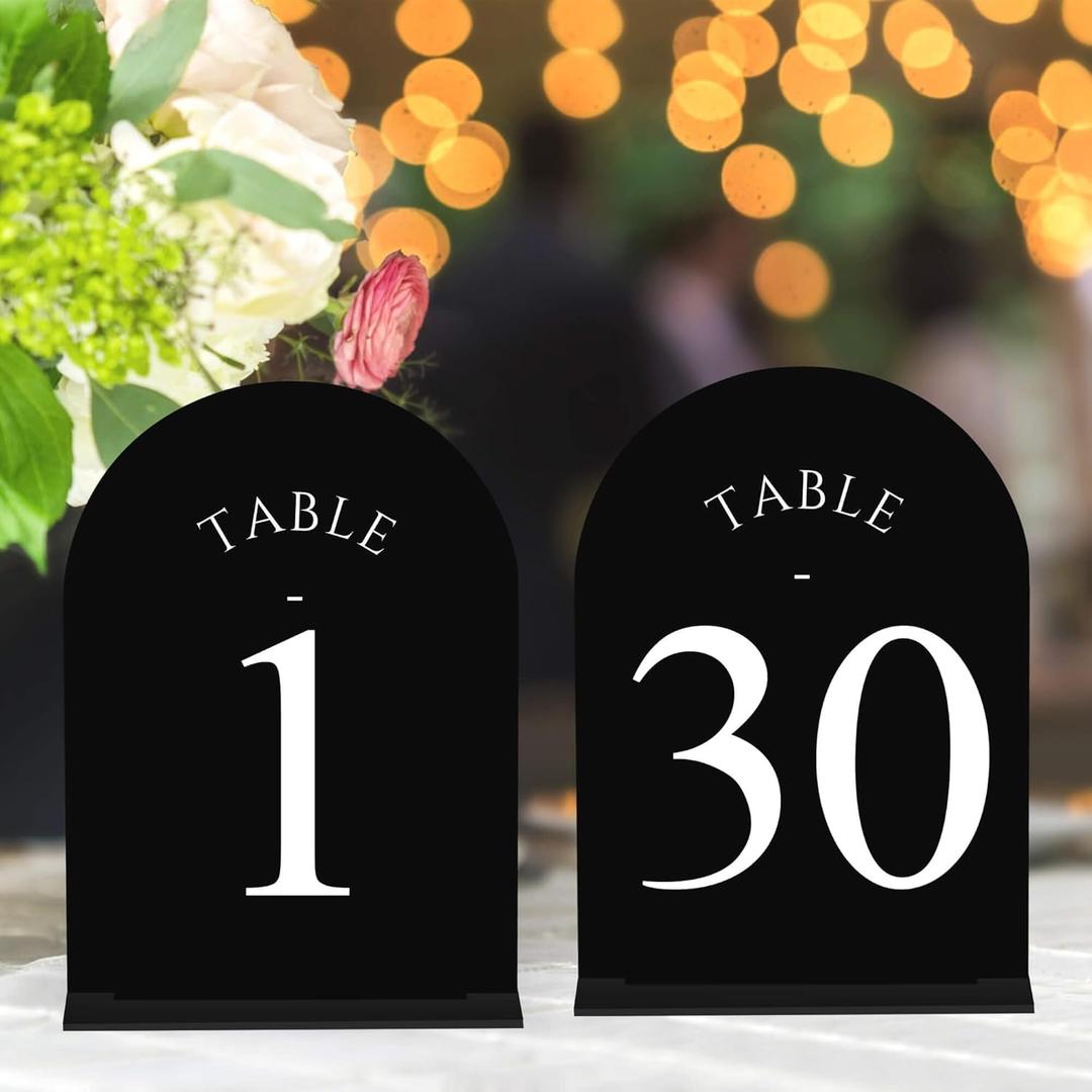 JOYIT Arch Wedding Table Numbers 1-30 with Stands  Double-Sided Printed 5" X 7" Acrylic Table Signs with Black Background White Text, Perfect Acrylic Table Numbers for Wedding Receptions, Parties, Anniversaries, and Events