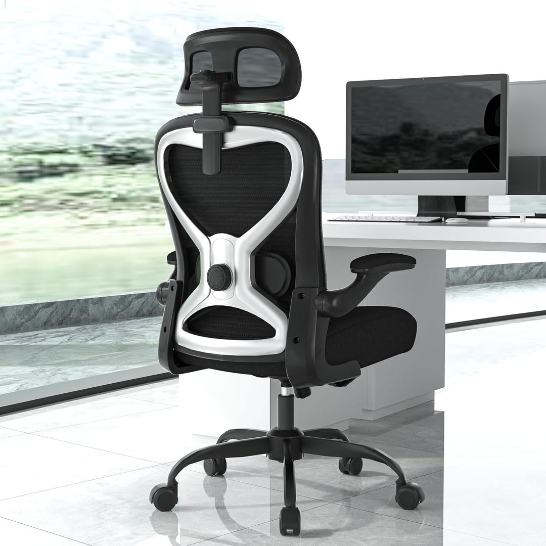 Home Office Desk Chairs, Ergonomic Office Chair with Lumbar Support & 3D Headrest, Computer Desk Chair with Flip-up Armrests, Perfect for Office or Study, Black/Silver