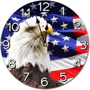 Bald Eagle Patriotic American Flag Wall Clock Battery Operated Silent Round Clock Wall Decor for Home, Office, School 9.8 Inch