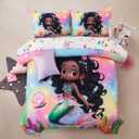 A Nice Night 6pcs Comforter Set,Black Girl Princess Mermaid with Green Tail Printed, Pink Gradient Glitter Rainbow Background Kids Bedding Set, Twin