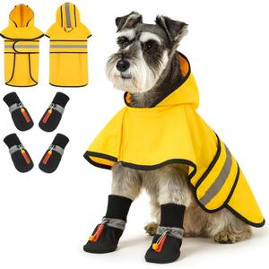 Dog Raincoat and Shoes for Weighing 10-22lbs, Spring Summer Waterproof Dogs Boots & Paw Protectors, Adjustable Pet Poncho with Leash Hole for Large Medium Small Dogs, Yellow (Single Side)