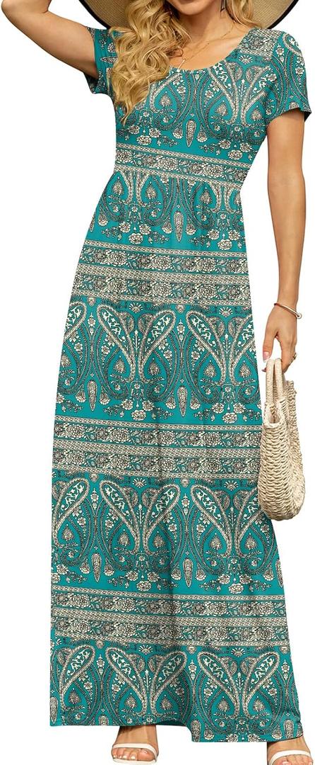 DB MOON Womens 2026 Summer Maxi Dresses Casual Short Sleeve Empire Waist Spring Long Dress with Pockets (S)