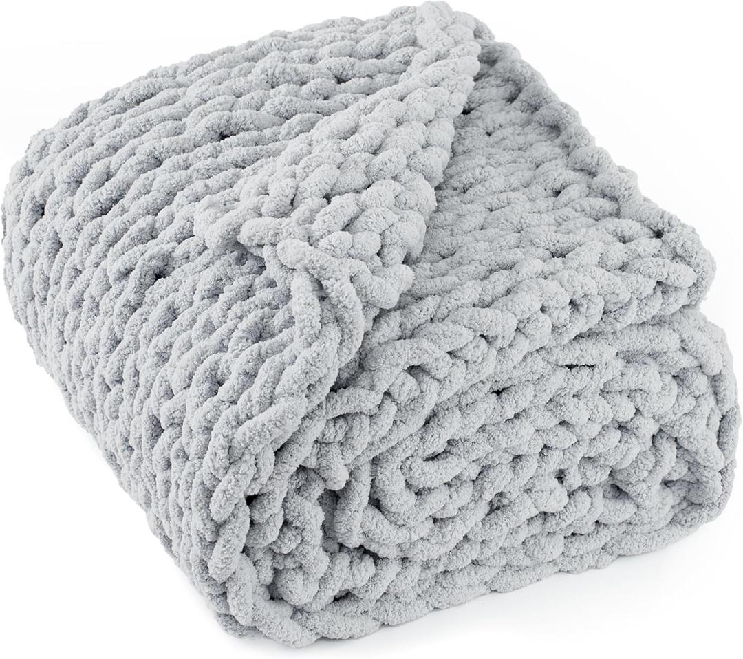 Chunky Knit Throw Blanket 50"X 60", 100% Handmade with Soft Chenille Yarn, 4.4lbs Thick Cable Knitted Blankets, Large Rope Knot Crochet Throws for Couch Sofa Bed Home Decor, Light Grey