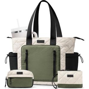 Bagstellar Puffer Tote Bag for Women, Lightweight Puffy Work Laptop Handbag Teacher Nurse Quilted School Daily Travel Gym Bag | Daily Carry On Bags, Comfy College Bags, 15.6" Computer Bag, Clinical Nursing Bag, 40 OZ Tumbler Holder, Ideal Gift for Women (Cream-green-black)