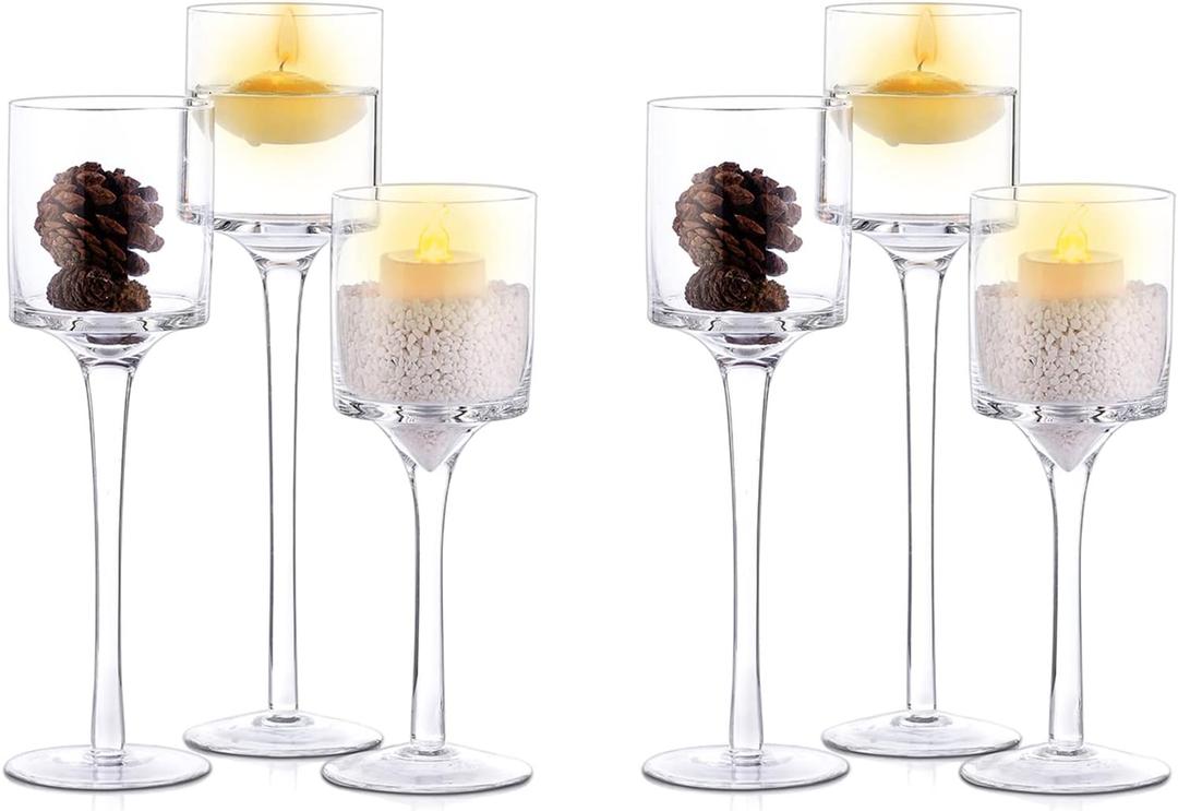 Nuptio Glass Candle Holder Tea Light Candle Holders Set of 6 Tall Tealight Candle Holder for Table Centerpiece Clear Candleholders for Pillar Candles Floating Candles Holder for Wedding Home Bathroom