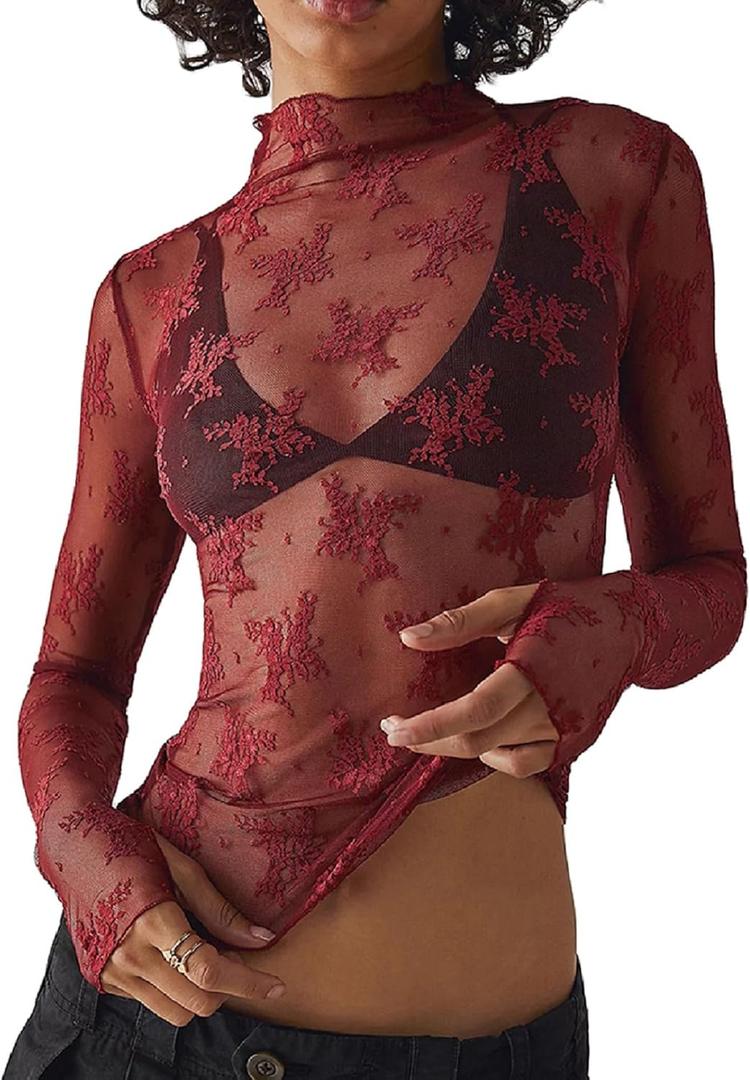 KMBANGI Women's Mesh Lace Long Sleeve Top Mock Neck Sheer Blouse Floral Lace Layering Tops Y2k See Through Tee Shirt (Embroidery Wine Red)